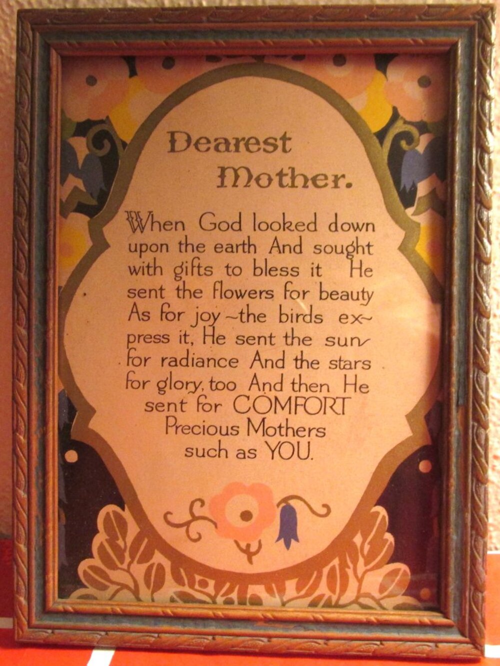 Mother's Day Dearest Mother Poem in Frame 1930's NRA Code 12-17